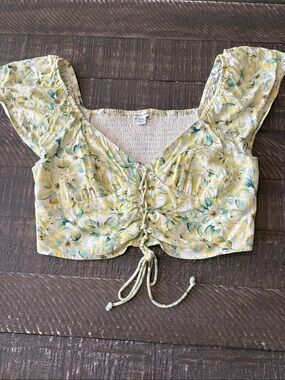 American Eagle Outfitters Yellow & Green Floral Lace-Up Crop Top